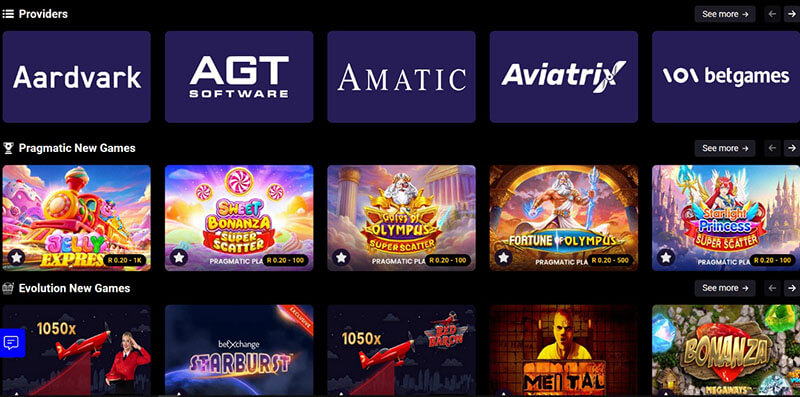 BetXchange casino lobby and providers