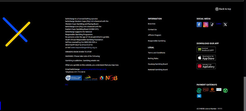 BetXchange licence and footer screenshot