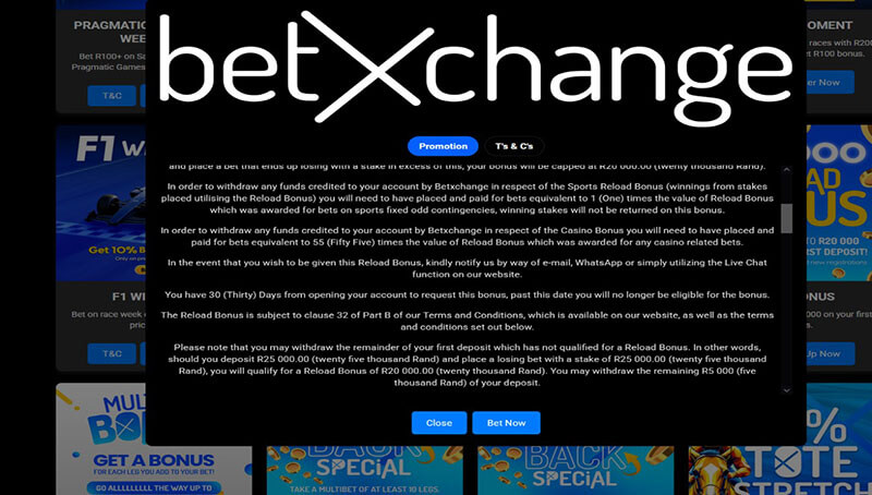 BetXchange welcome bonus popup