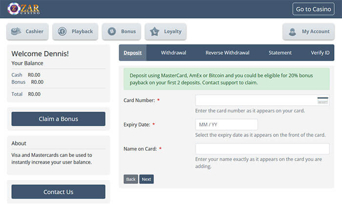 Zar Casino payment methods